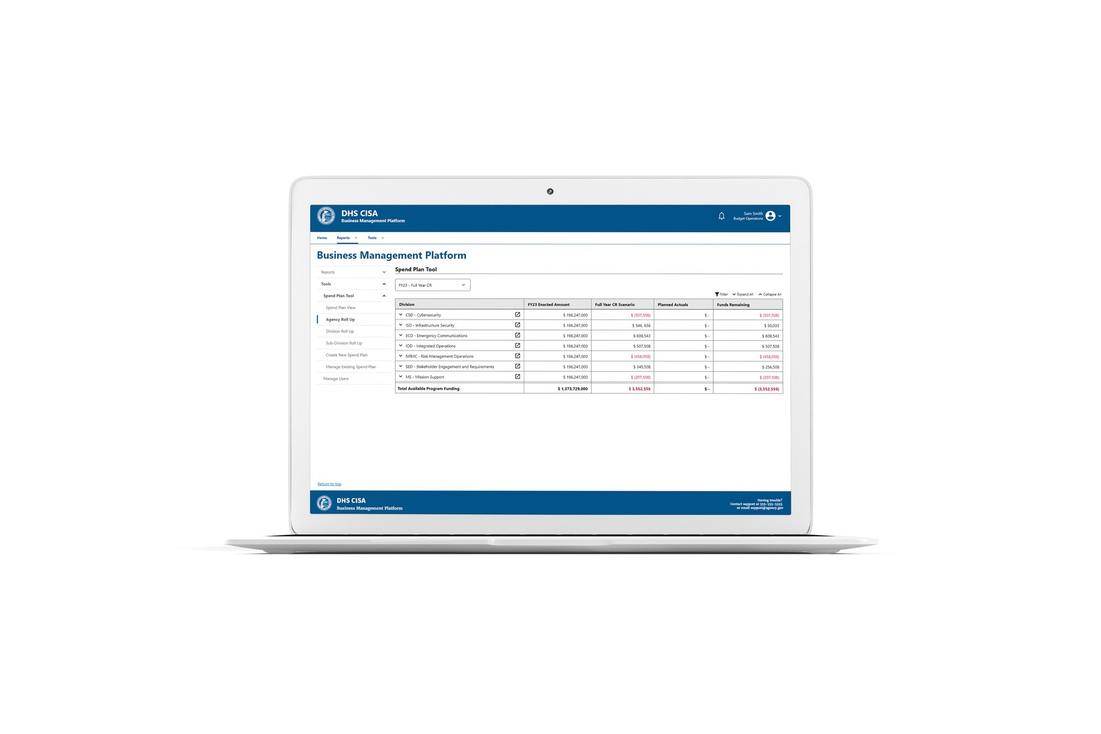 The Business Management Platform Spend Plan Tool shown on a laptop