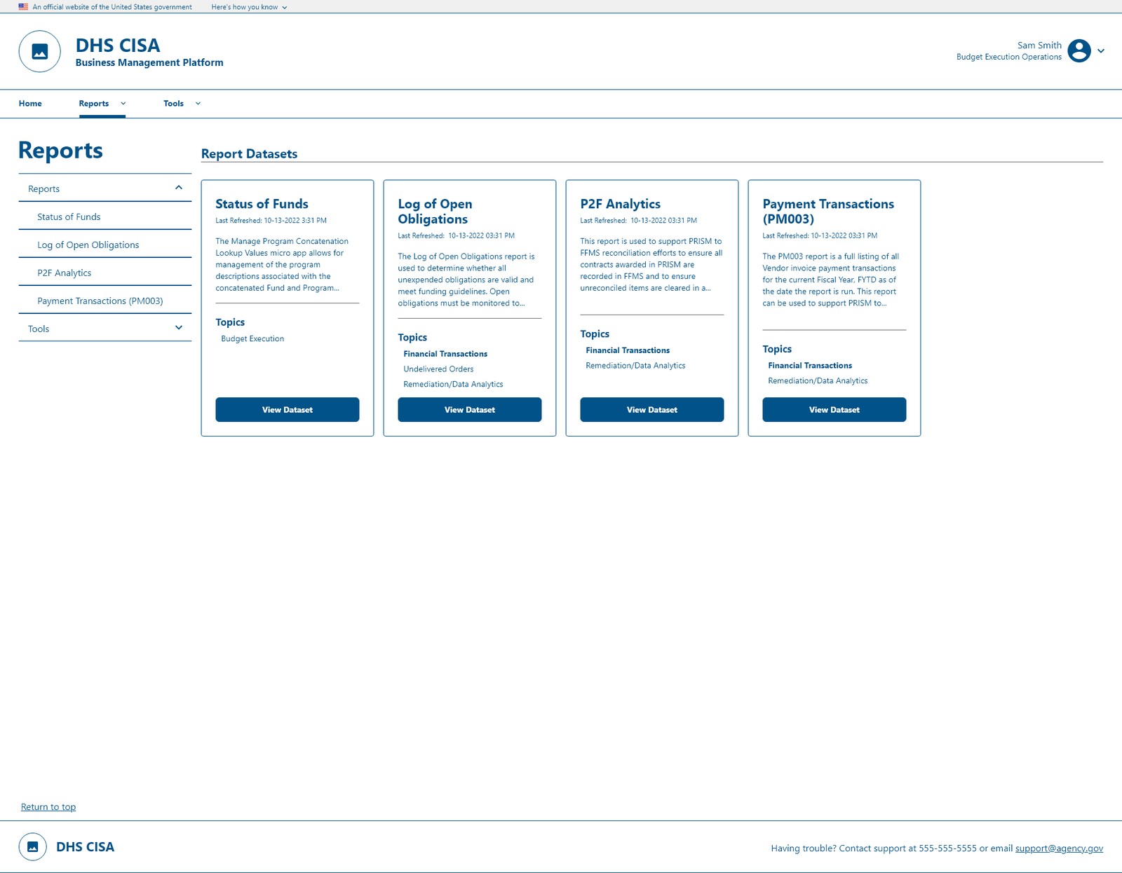 Redesigned Reports hub with USWDS dataset cards and consistent hierarchy