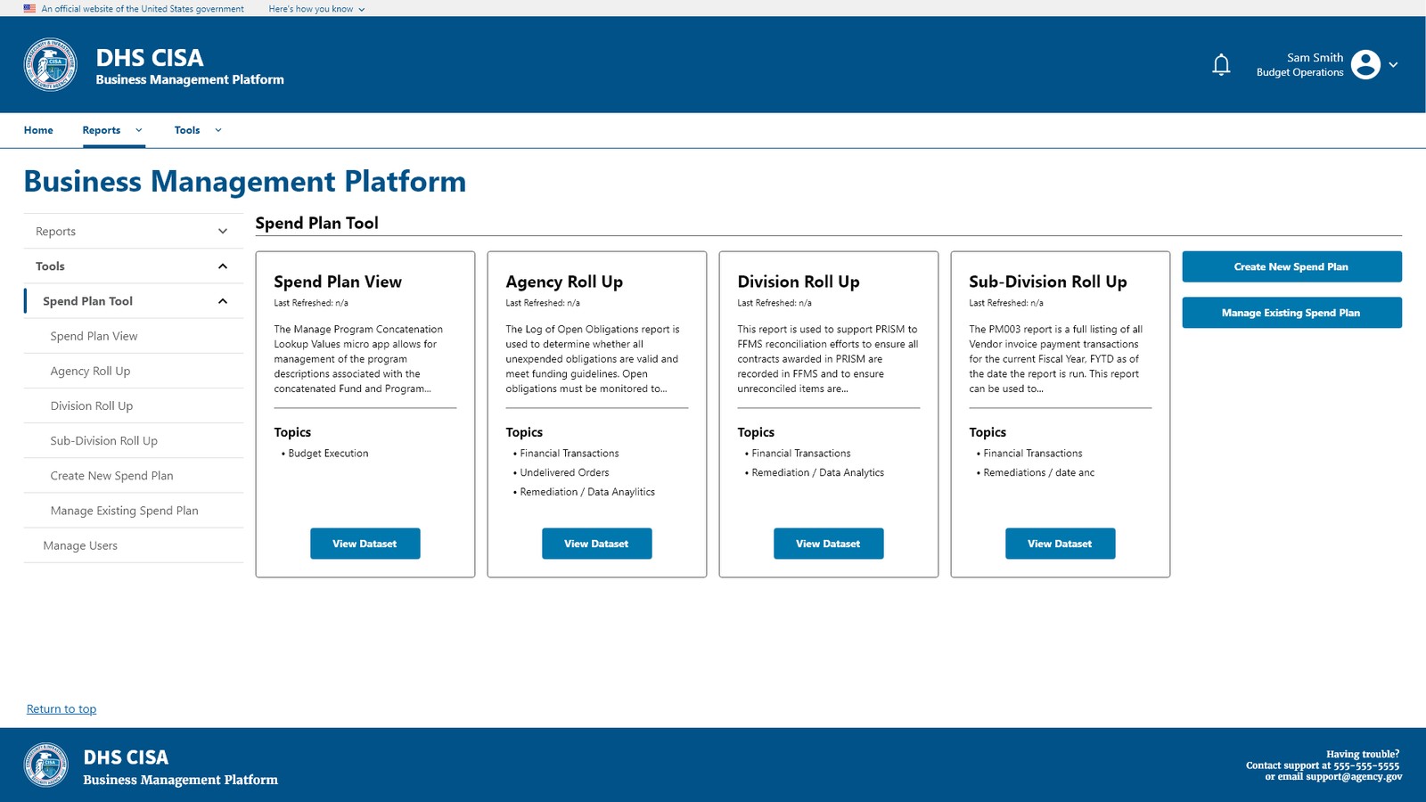 Spend Plan Tool landing with consistent USWDS navigation cards