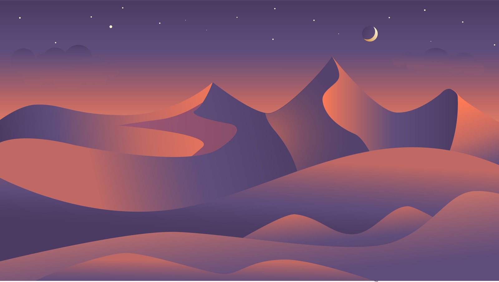 Flat illustration of desert dunes at night with crescent moon
