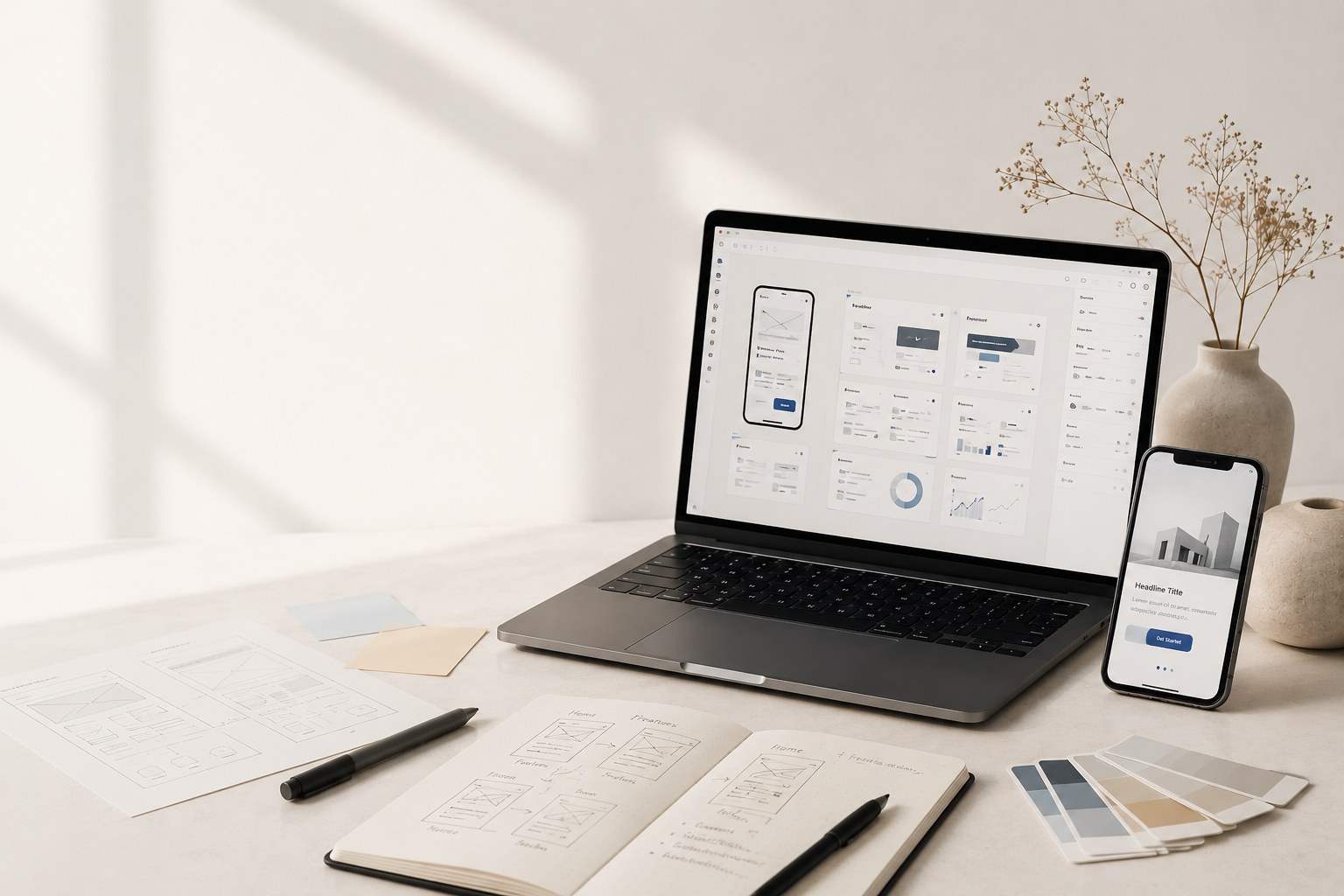 Design studio desk — a laptop, phone, and editorial print in a bright, minimal setting