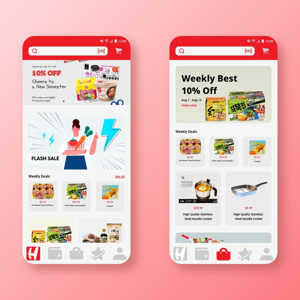H Mart app — home with flash sale beside weekly best deals