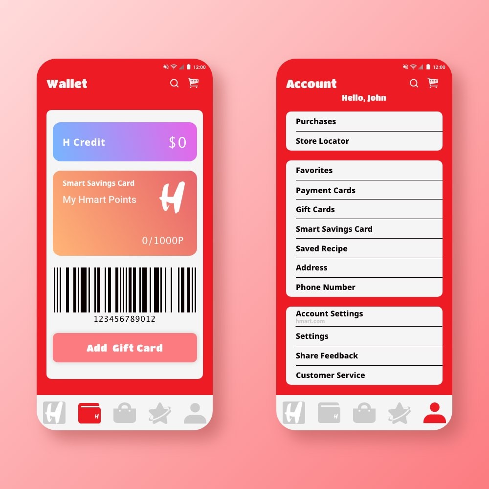 H Mart app — smart wallet beside the account page