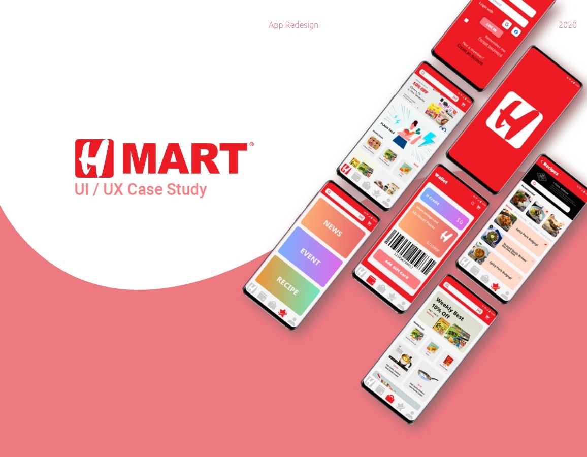 H Mart app redesign screens on brand pink background