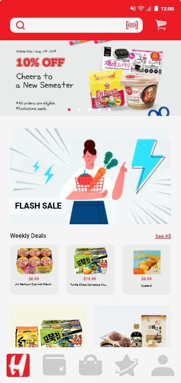 H Mart app — home with flash sale and weekly deals