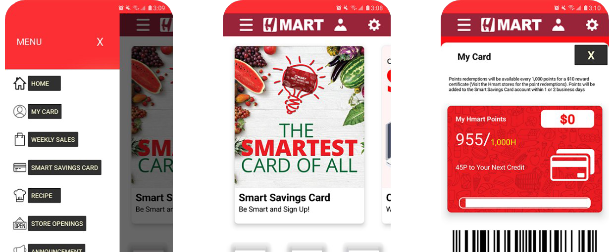 The old H Mart app — hamburger menu, smart savings card promo, and my card screen