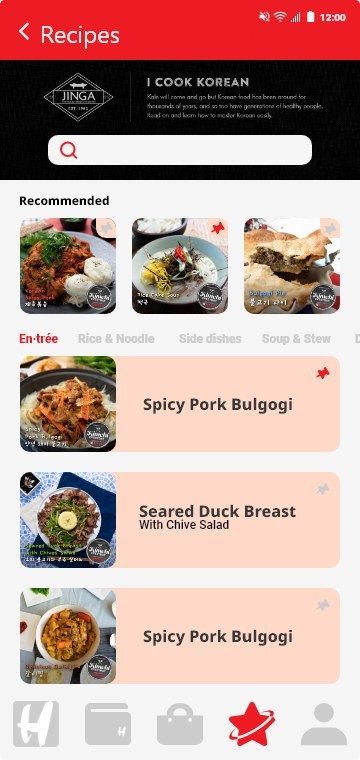 H Mart app — recipes with recommended Korean dishes