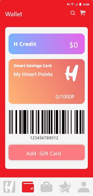 H Mart app — smart wallet with H Credit and savings card