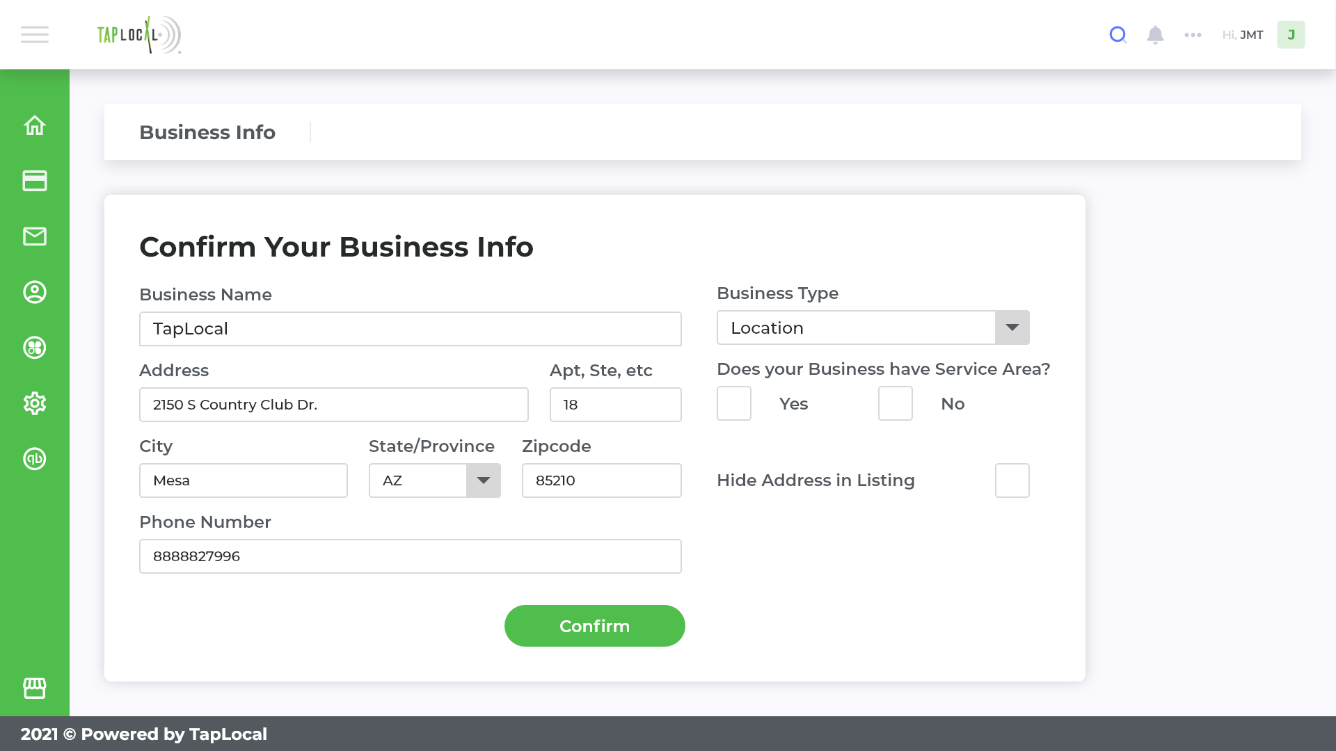 Confirm Your Business Info: name, type, address, service area