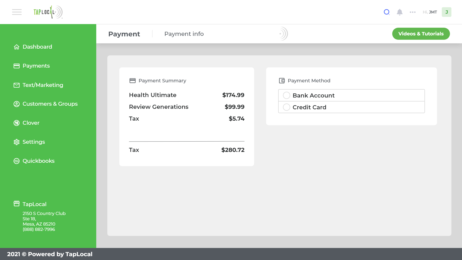 Payment summary: itemized services, tax, and payment method selection