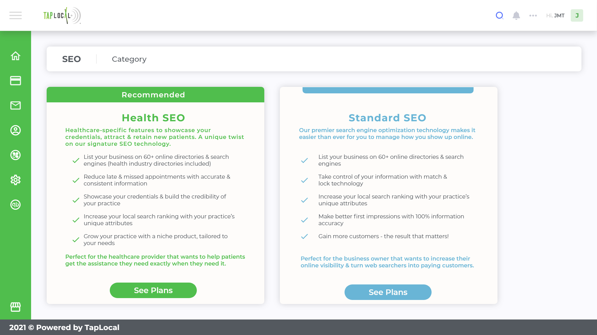 Pricing: choose a plan category, Health SEO or Standard SEO