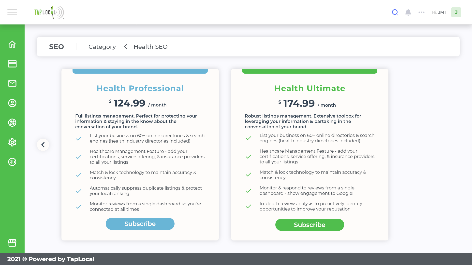 Pricing: Health Professional and Health Ultimate plans compared side by side