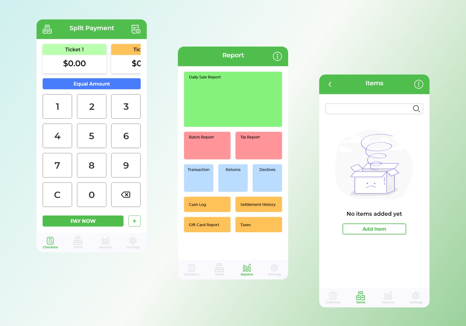TAP Local POS — split payment, report, and item screens