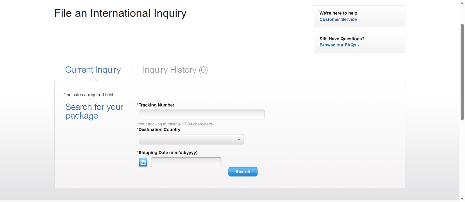 The original USPS File an International Inquiry form — a static page of fields with little guidance