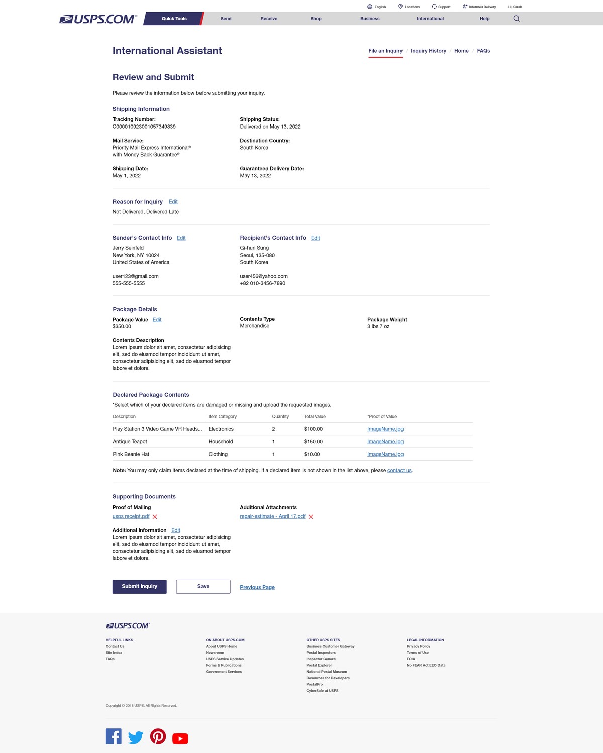 Review and submit — a clear summary before the inquiry is filed