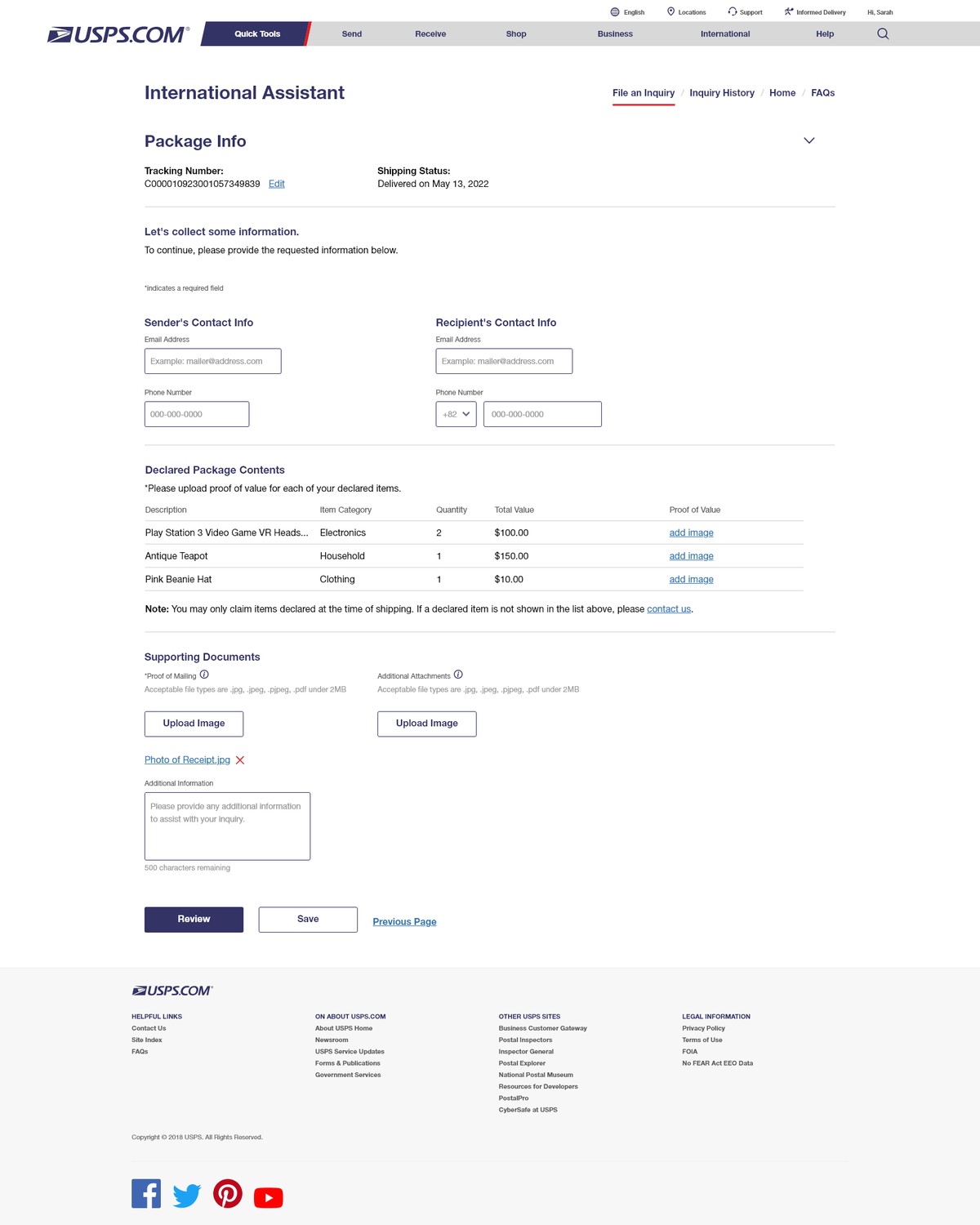 Conversational data collection — sender and recipient details