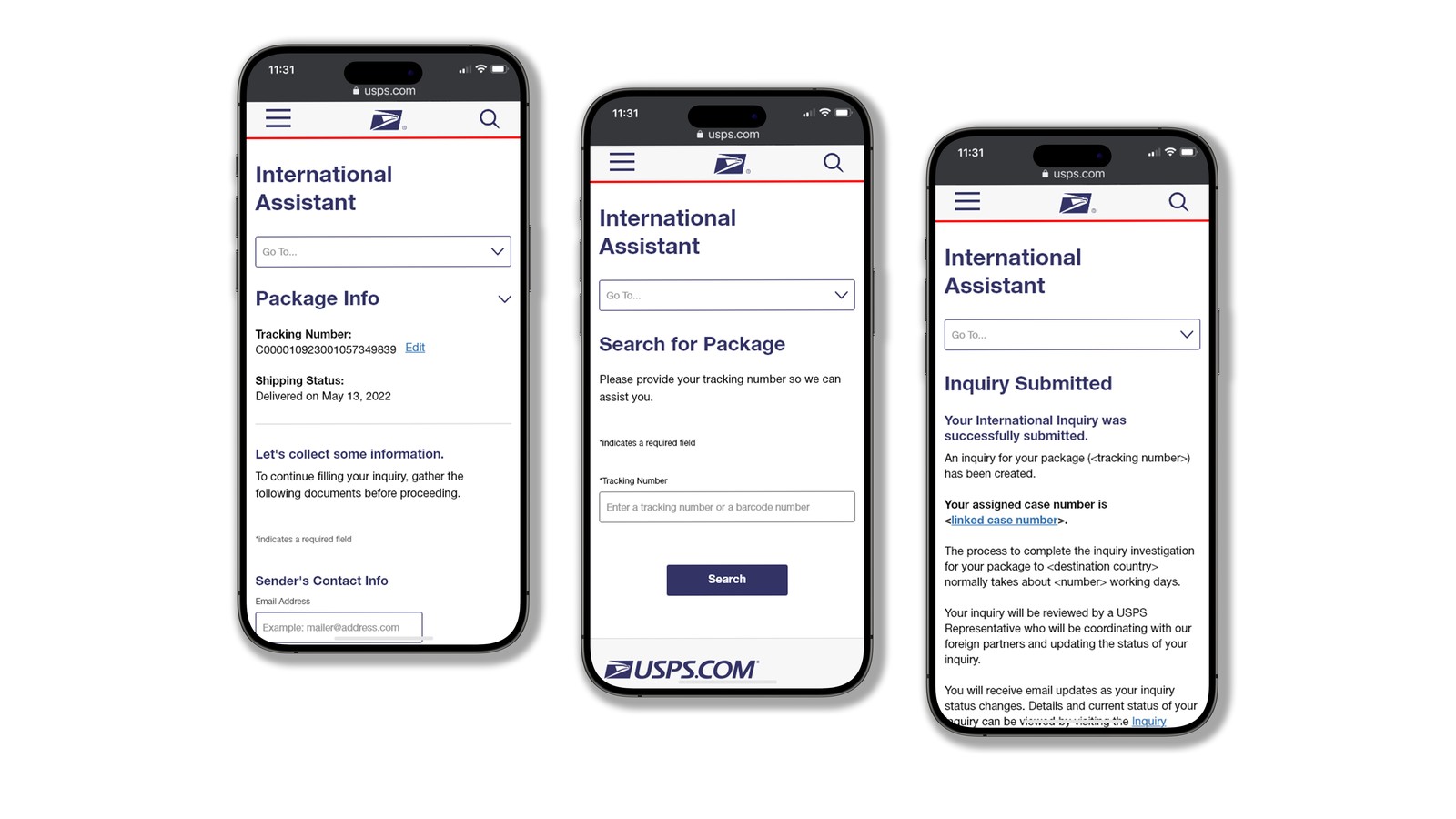 The guided International Assistant flow shown across mobile screens