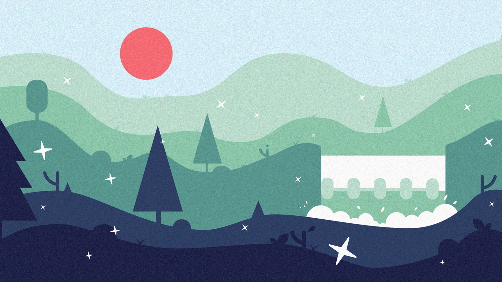 Flat illustration of green hills with red sun and white bridge